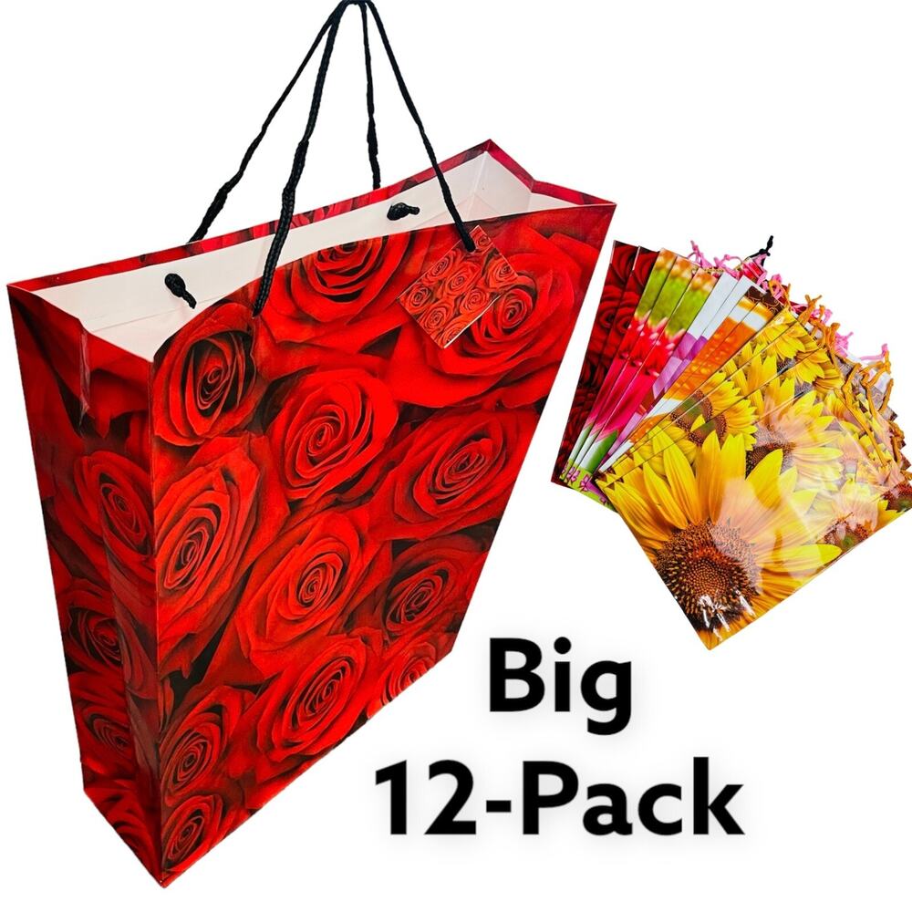 Set of 12 Big Gift Bags, 5 Assorted Floral Print, Paper Bags, 18x13x4 Inches,